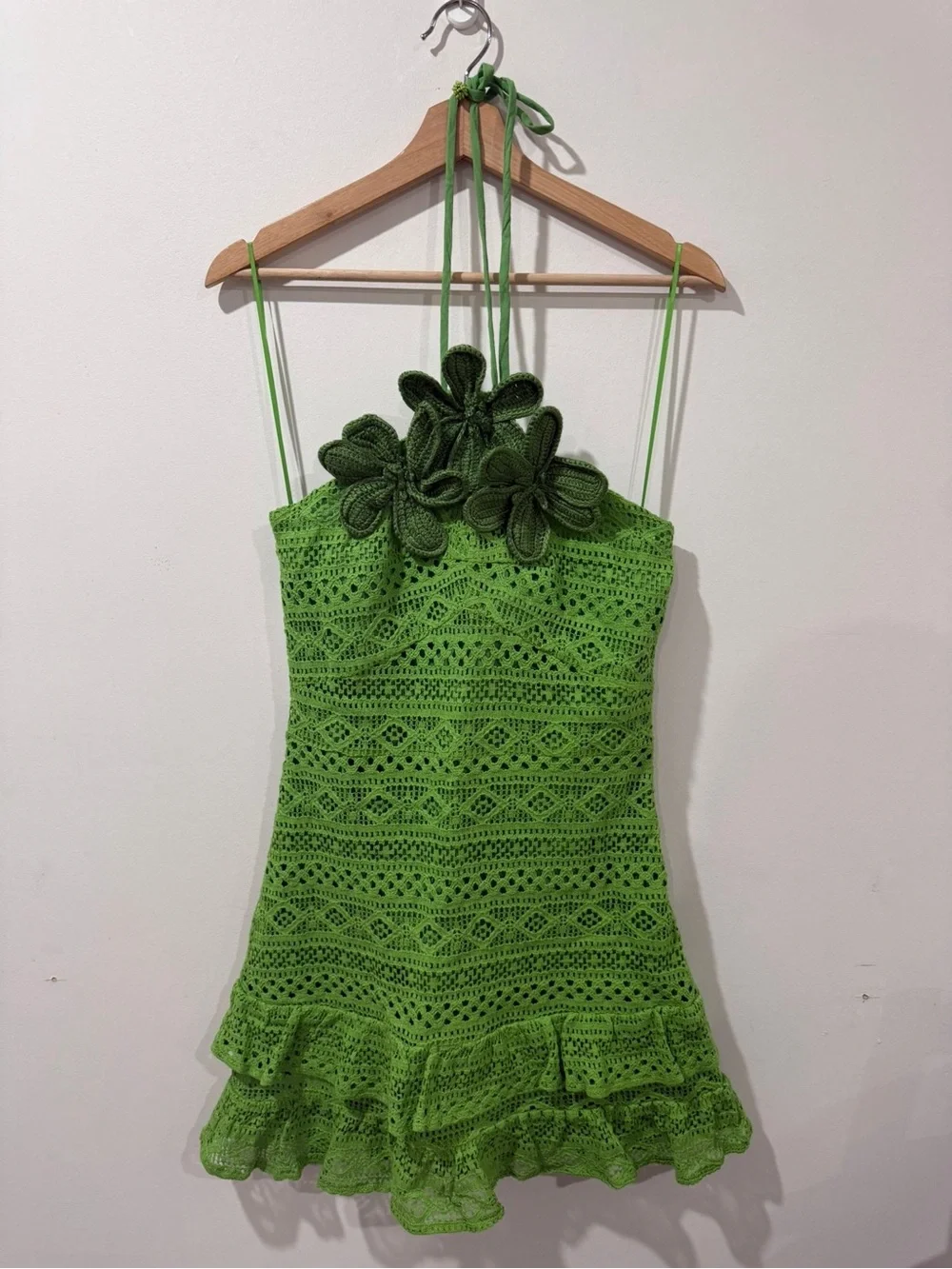 Farm Rio for Anthropologie Green Crochet Floral Halter Mini Dress Size M NWT - Picture 2 of 15